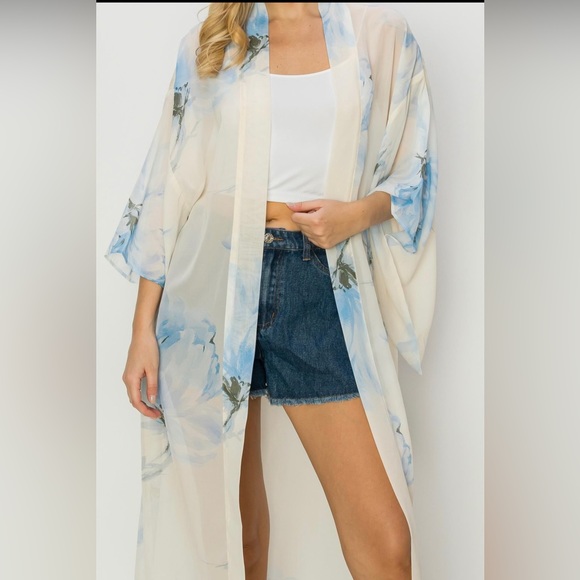 Blue  Floral Multicolor Chiffon Sheer Kimono Cardigan - Picture 5 of 6
